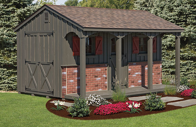 poolside shed with olive posts and decorative brick panels