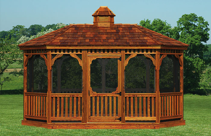 hand built wooden oval screened in gazebo