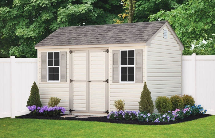 white workshop style storage shed