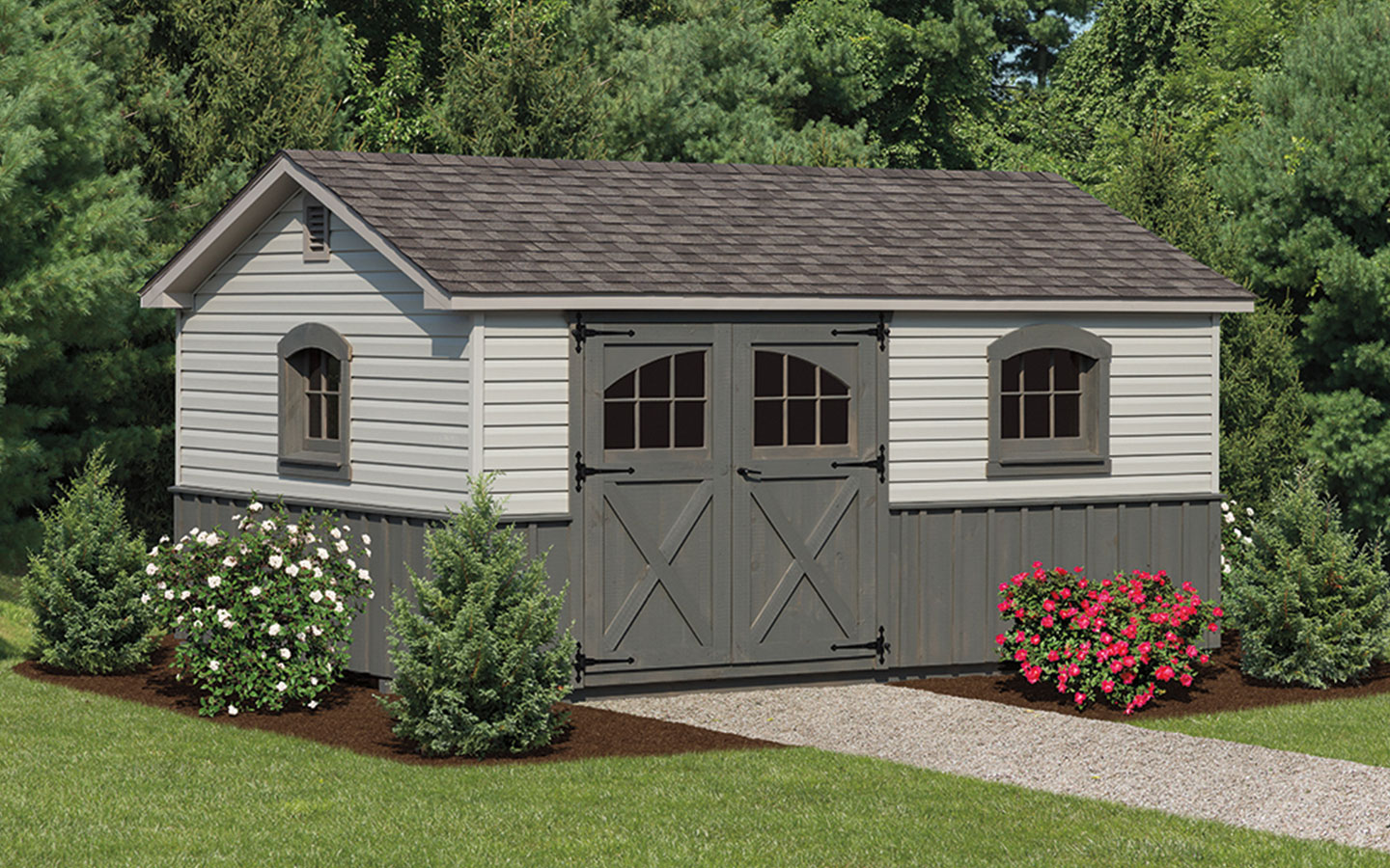 a frame storage shed with olive siding and double doors