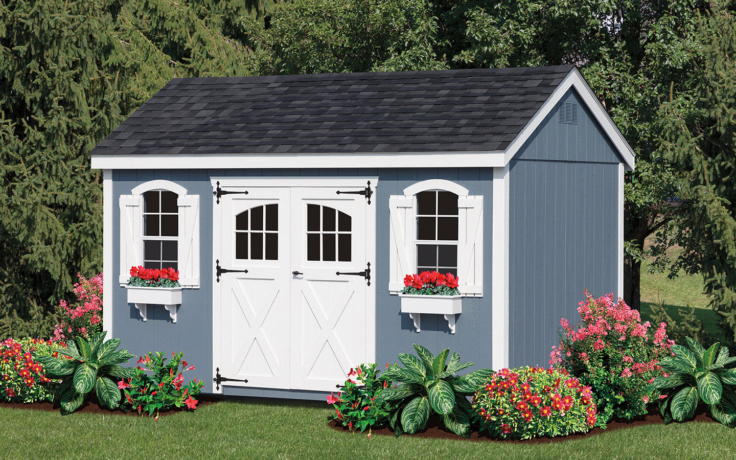 blue a frame storage shed with window boxes