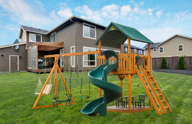 wood swing set with curvy slide and small sitting area underneath