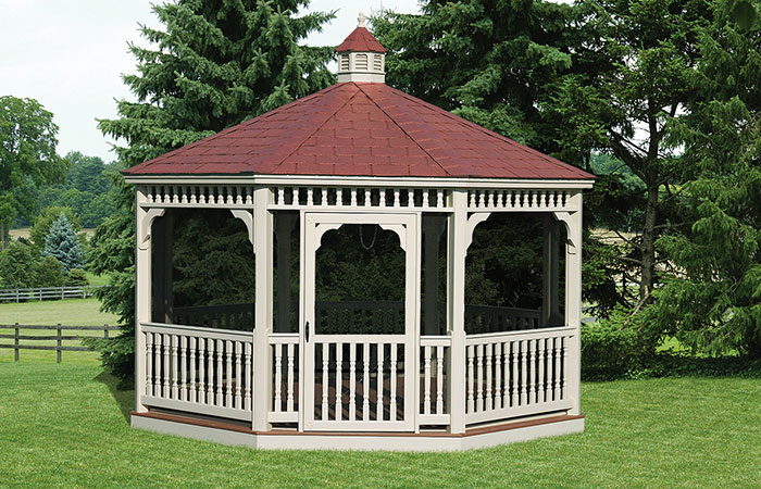 classic octagon shaoed enclosed gazebo with red roof in md