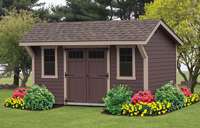 custom built new haven a frame shed with brown coloring and slight overhang