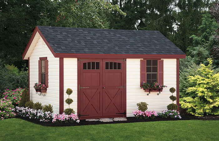 lexington shed with white siding and red trim