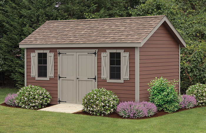 new haven series shed with an a frame structure and rustic coloring