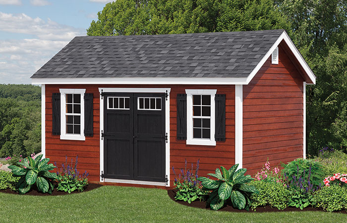 new havens style shed with a frame features and red vinyl siding