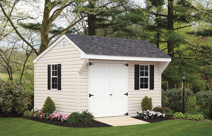 white quaker series shed with overhang roof