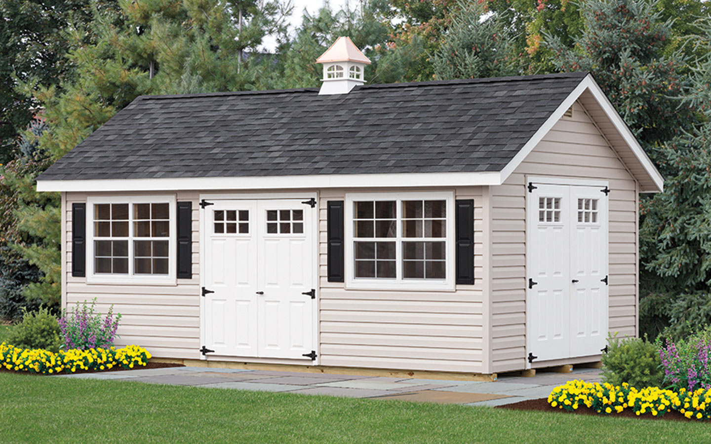 sand colored a frame vinyl storage shed