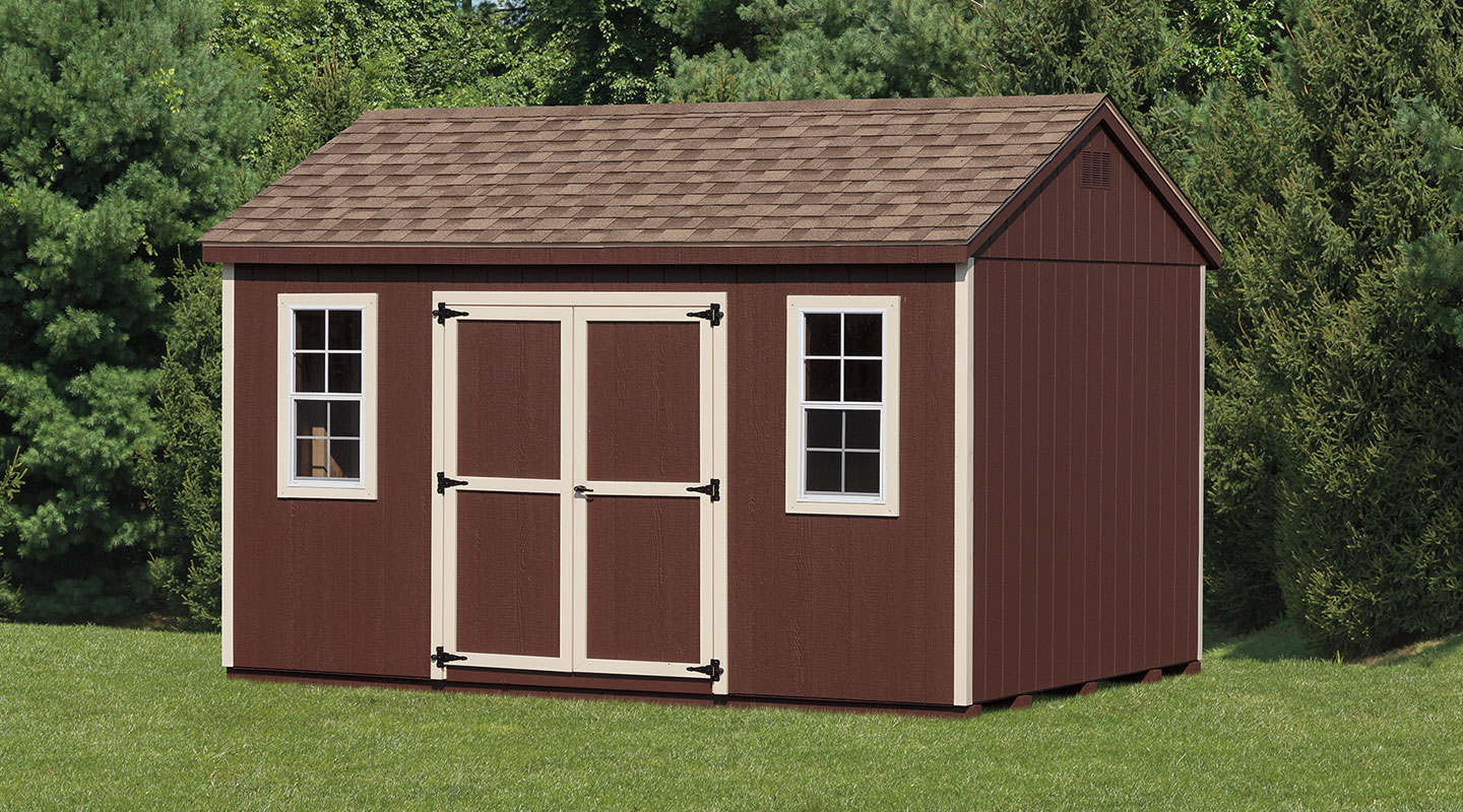 brown siding on an a frame shed with double doors