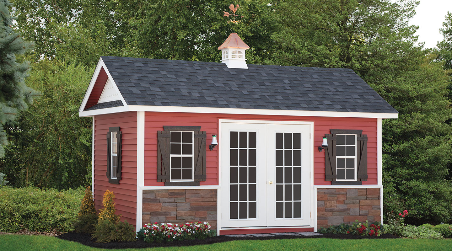 red deluxe a frame storage shed with fancy doors