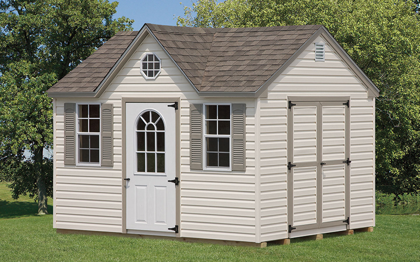 tan vinyl dormer style storage shed