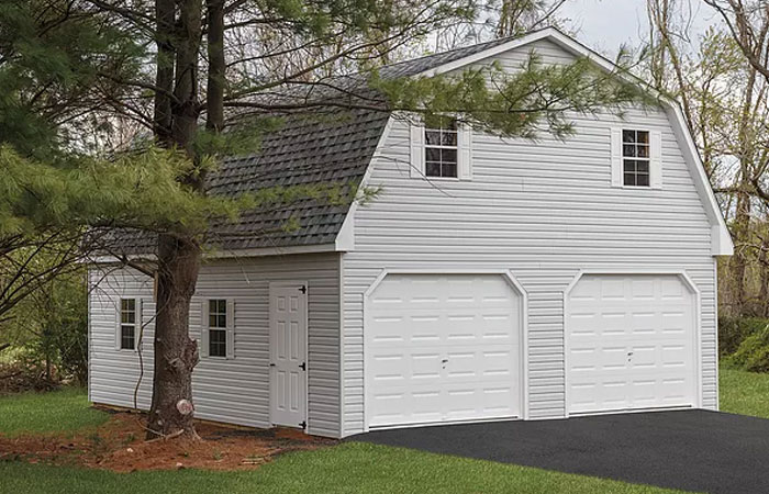 two story gambrel shed with 2 car garage