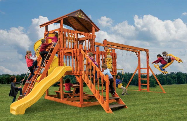 wooden swing set with staircase