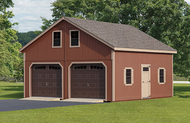 amish buuilt garage with dark brown garage doors